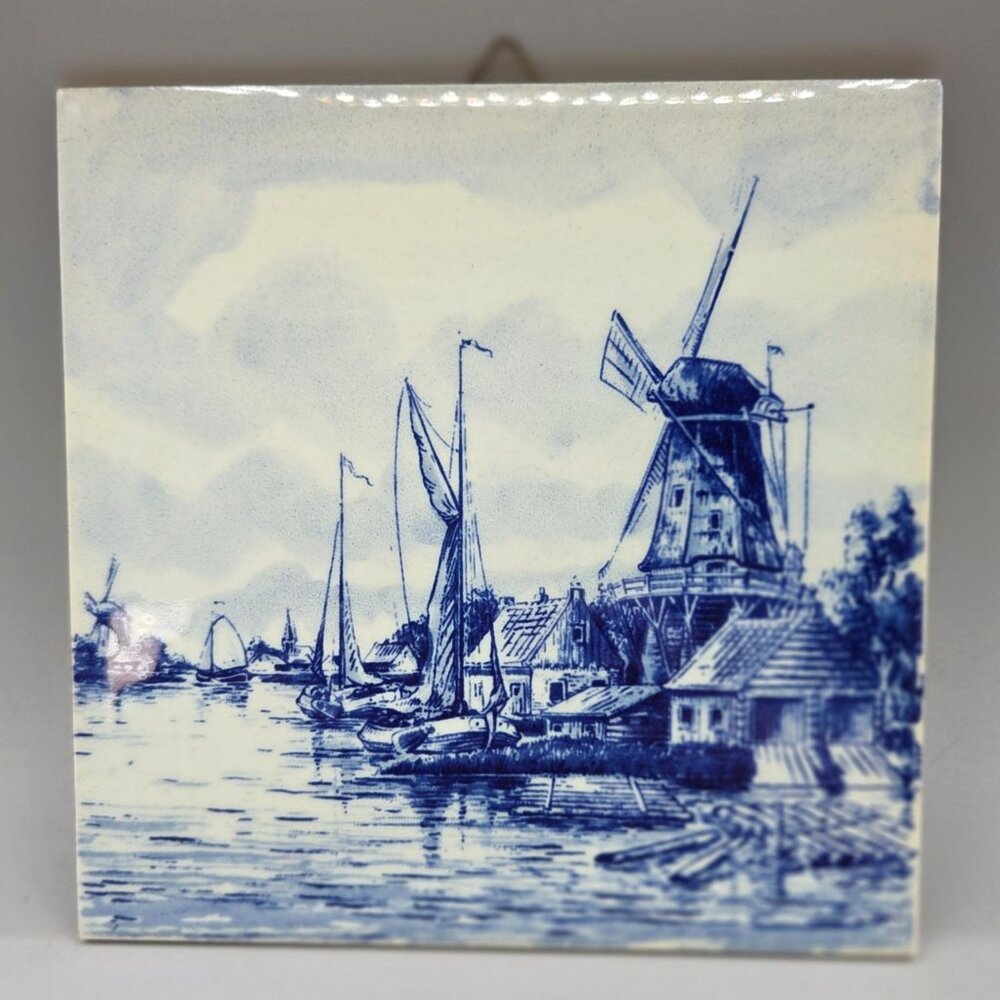 Royal Mosa Delft Tile Ceramic Blue White Windmill Scene Handpainted Holland